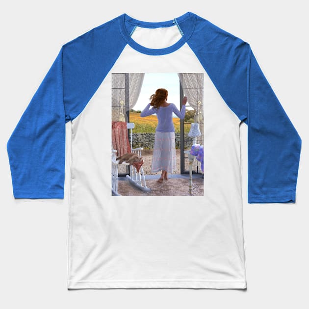 Woman looking out of window at meadow zen yoga buddhism Baseball T-Shirt by Fantasyart123